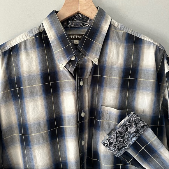Stetson Western Shirt Men's XL Blue & White Plaid Button Up Long Sleeve Rodeo - Picture 1 of 14